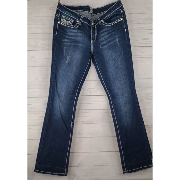 Twelve K 32 x 30 Bootcut Jeans Blue Dark Wash Rhinestone Embroidered Denim - Picture 2 of 9